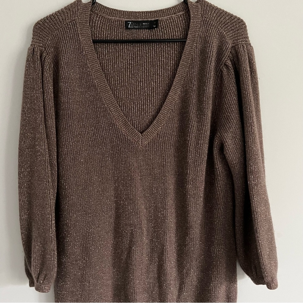 New York & Company Brown Sparkle V Neck Balloon Sleeve Knit Sweater - Picture 2 of 5